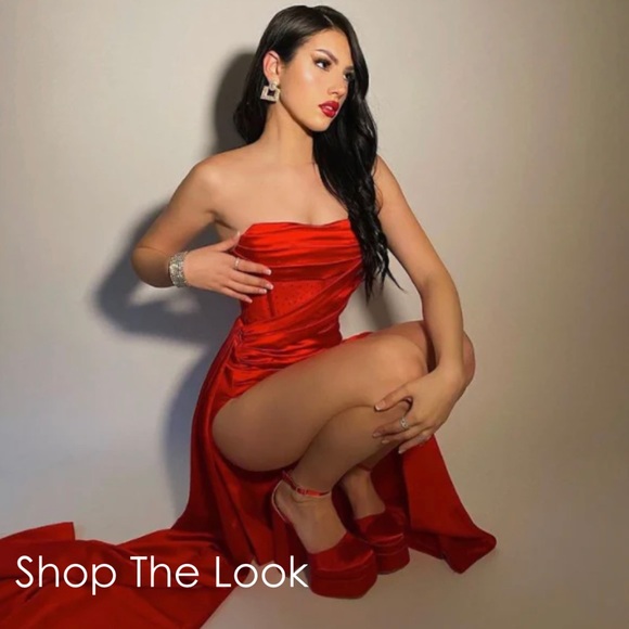 RED SATIN GOWN 💃 w/ RED CRYSTALIZED CORSET TOP & high side slit in leg - Picture 4 of 8